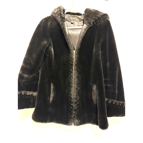 Jones New York Black Faux Fur Coat Jacket Sz S hood mid length Romantic Party - Picture 1 of 13
